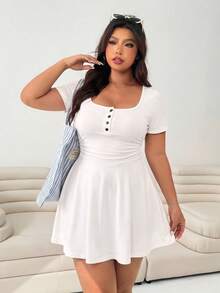Solflare Romper Wanita Ukuran Plus Kasual untuk Perjalanan Sehari-hari, Minimalis, Warna Polos, Leher Persegi, Tali Pinggang - Putih - View 5