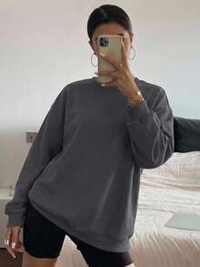 DAZY Women's Solid Color Round Neck Loose Long Sleeve Sweatshirt,Long Sleeve Tops,Fall Clothes,Back To School Clothes - Dark Grey - View 1