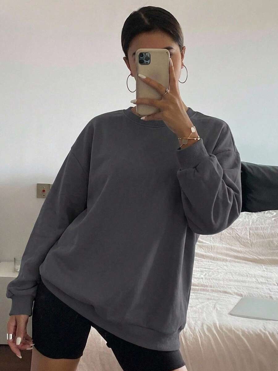 DAZY Women's Solid Color Round Neck Loose Long Sleeve Sweatshirt,Long Sleeve Tops,Fall Clothes,Back To School Clothes - Dark Grey - View 1