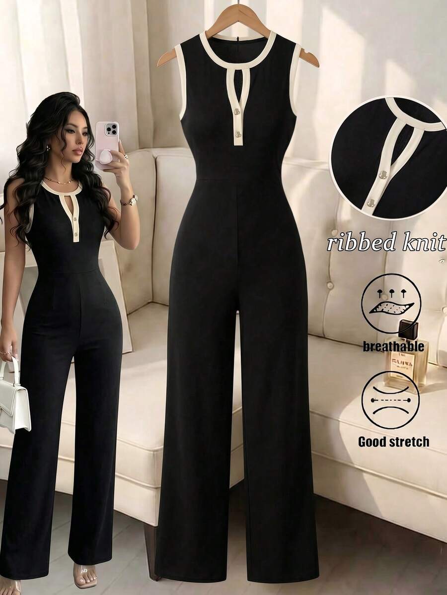 Qadelle Bộ áo liền quần không tay phối màu đen cài cúc dành cho nữ, kiểu dáng thanh lịch thường ngày, thích hợp mặc đi chơi. - Nhiều màu - Xem 1