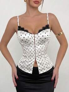 SHEIN PariChic Áo corset ren chấm bi gợi cảm dành cho nữ, thiết kế cài móc phía trước, áo hai dây ôm sát giúp thon gọn vóc dáng, thích hợp cho các buổi đi chơi, hẹn hò, mặc hàng ngày, lễ hội âm nhạc, đám cưới, tiệc sinh nhật, màu trắng. - Đen và trắng - Xem 1