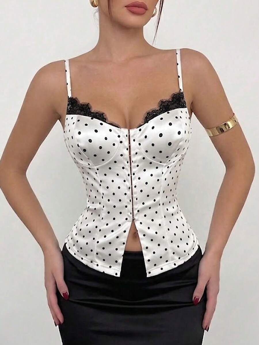 SHEIN PariChic Áo corset ren chấm bi gợi cảm dành cho nữ, thiết kế cài móc phía trước, áo hai dây ôm sát giúp thon gọn vóc dáng, thích hợp cho các buổi đi chơi, hẹn hò, mặc hàng ngày, lễ hội âm nhạc, đám cưới, tiệc sinh nhật, màu trắng. - Đen và trắng - Xem 1