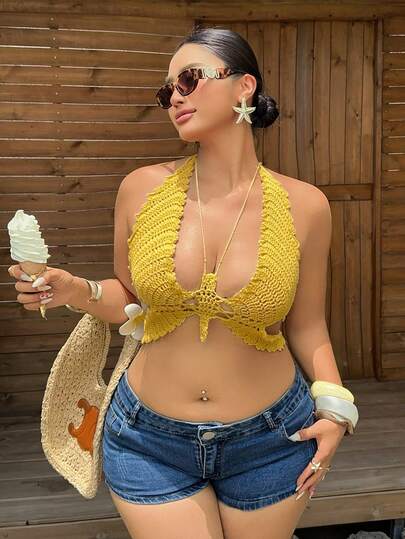 Dazy Plus Áo hai mảnh croptop buộc dây thời trang, áo tank top dệt kim màu vàng kiểu dáng nghỉ mát dành cho nữ cỡ lớn, thích hợp cho mùa xuân/hè.