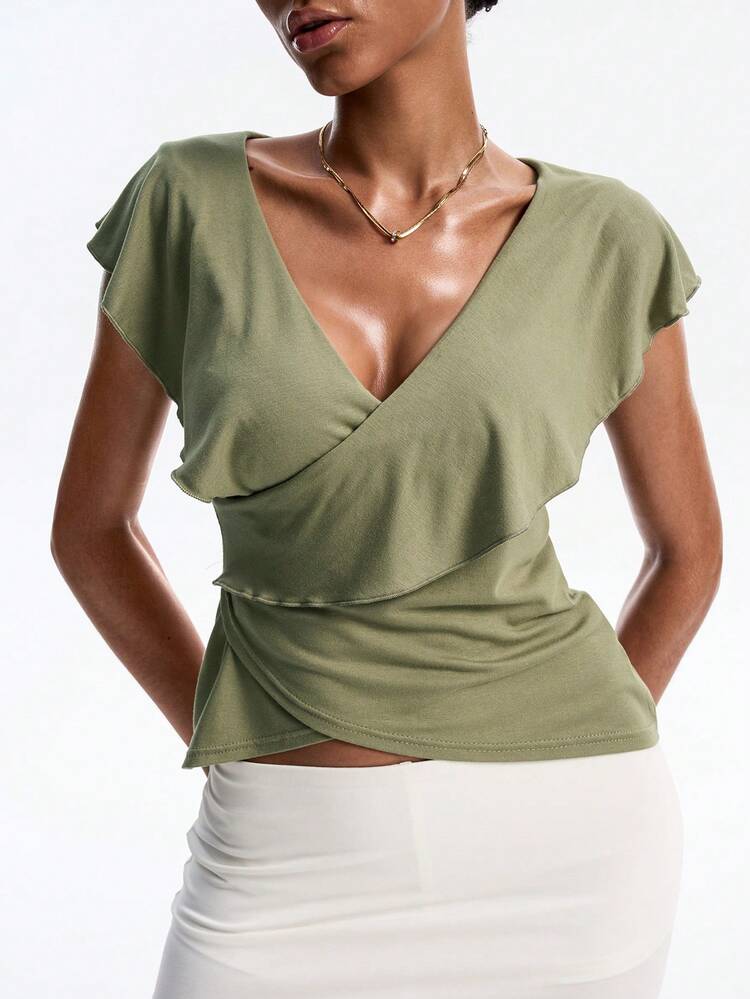 Women's Simple Solid Color Ruffle Collar T-Shirt, Summer