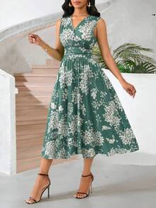 SHEIN Lady 女士印花V领裹身无袖中长连衣裙 - 彩色 - 查看 3