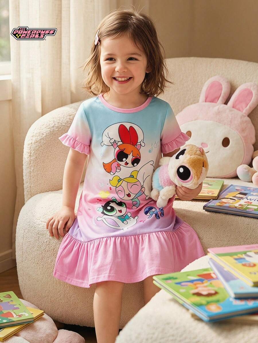 THE POWERPUFF GIRLS X SHEIN Maija Kids 少女休闲可爱IP合作款印花短袖睡裙,彩色扎染撞色荷叶边袖口 - 彩色 - 查看 1