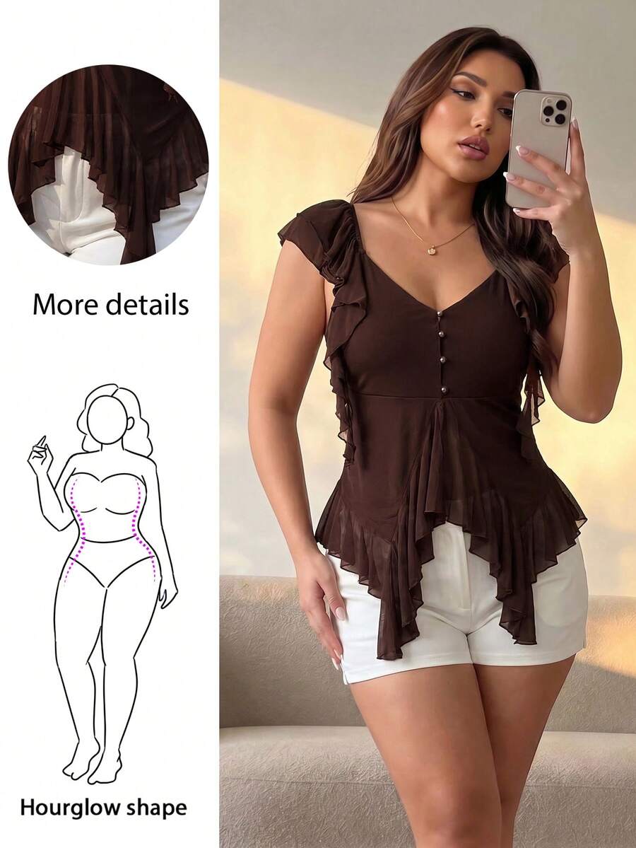 Hourglow Plus Size Women's Elegant Solid Color Ruffle Trim Blouse, Summer, For Hourglass Body Shape Brown Gym