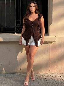 Hourglow Plus Size Women's Elegant Solid Color Ruffle Trim Blouse, Summer, For Hourglass Body Shape Brown Gym - Brown - View 6