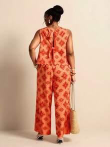 Elaquor Plus Size Casual Boho Minimalist Vacation Print 2 Pieces Set, Women Top + Pants Beach Vacation Vacation Orange Summer - Orange - View 8