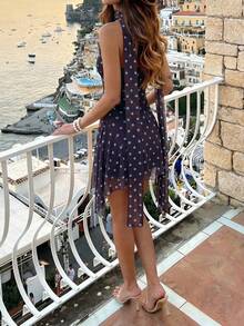 Aloruh Women's Polka Dot Print Asymmetric Hem Cami Mini Dress - Brown - View 2