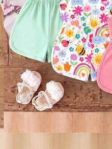 3pcs/Set Baby Girls' White Cute Summer Vacation Rainbow Cartoon Print Spaghetti Strap Round Neck Soft Comfortable Casual Versatile Rompers,2026 New - Multicolor - View 4