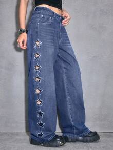 ROMWE Quần jeans denim xanh rách kiểu Y2K phong cách thường ngày với họa tiết ngôi sao và đính đá lấp lánh dành cho nữ. - Màu xanh lam - Xem 5