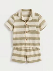 SHEIN 儿童男童夏季休闲条纹图案 Polo 领短袖开衫衬衫和松紧腰短裤两件套，假日套装 - 彩色 - 查看 4