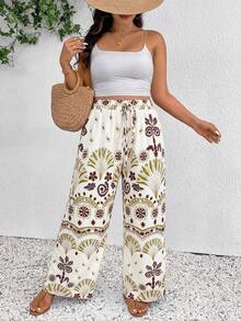 SHEIN Frenchy Plus Size Women's Printed Drawstring Waist Wide Leg Pants - Multicolor - View 3