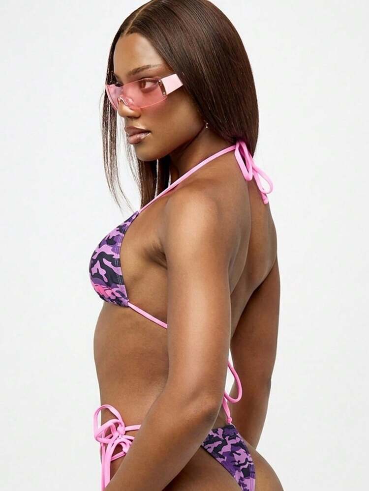 SUMWON WOMEN Camo Triangle Halter Bikini Set With Pink Tie Side Straps And Ruched Bottom For Summer Beach
