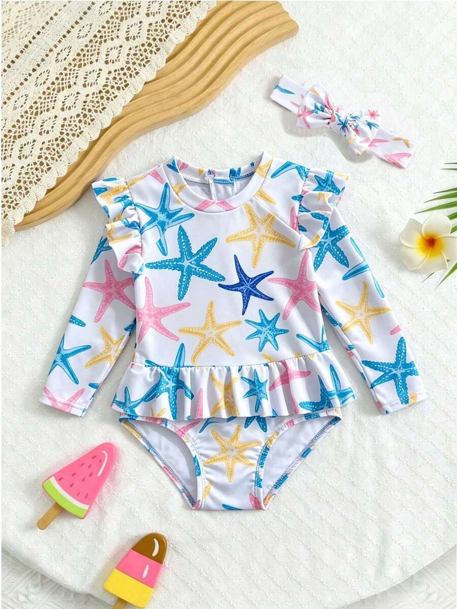 Traje de baño de una pieza con volantes y estampado de estrella de mar, con diadema, para bebé niña - Multicolor - Ver 1