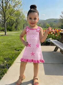 SHEIN Young Girl Starfish Jacquard Hollow-Out Knitted Dress - Pink - View 1