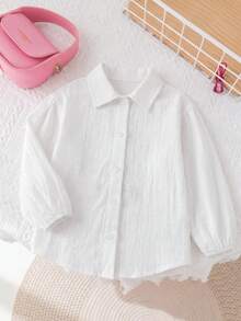 SHEIN LMoss Kids 女嬰白色紋理寬鬆版型領口長袖襯衫，返校季 - 白色 - 查看 5