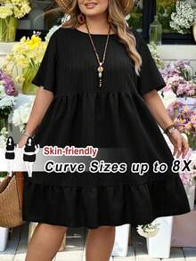 SHEIN CURVE+ 适合曲线身材的 US22 码音乐节、海滨度假、波西米亚风休闲纯色短袖连衣裙，夏季女装，复活节女装，波西米亚风，锐舞派对装扮，复活节曲线身材装扮，乡村音乐会服装 - 黑色 - 查看 1