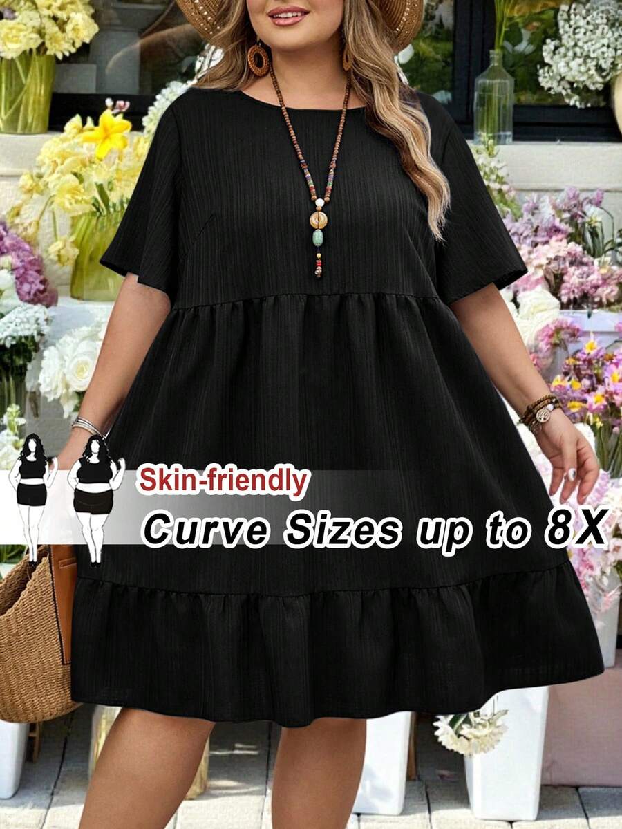 SHEIN CURVE+ 适合曲线身材的 US22 码音乐节、海滨度假、波西米亚风休闲纯色短袖连衣裙，夏季女装，复活节女装，波西米亚风，锐舞派对装扮，复活节曲线身材装扮，乡村音乐会服装 - 黑色 - 查看 1