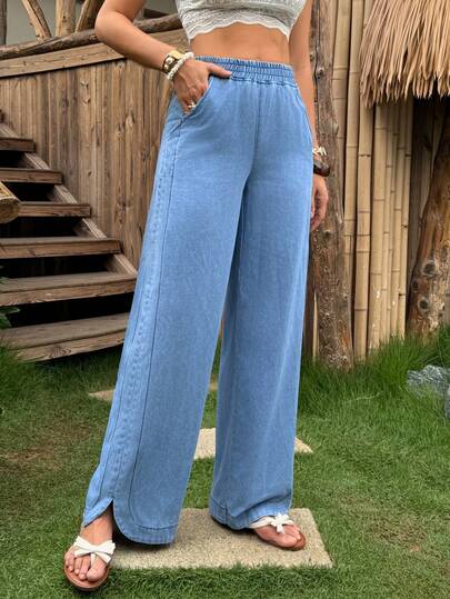 Breezaya Quần jeans nữ ống rộng, cạp chun, có túi, dáng rộng, phong cách thường ngày.