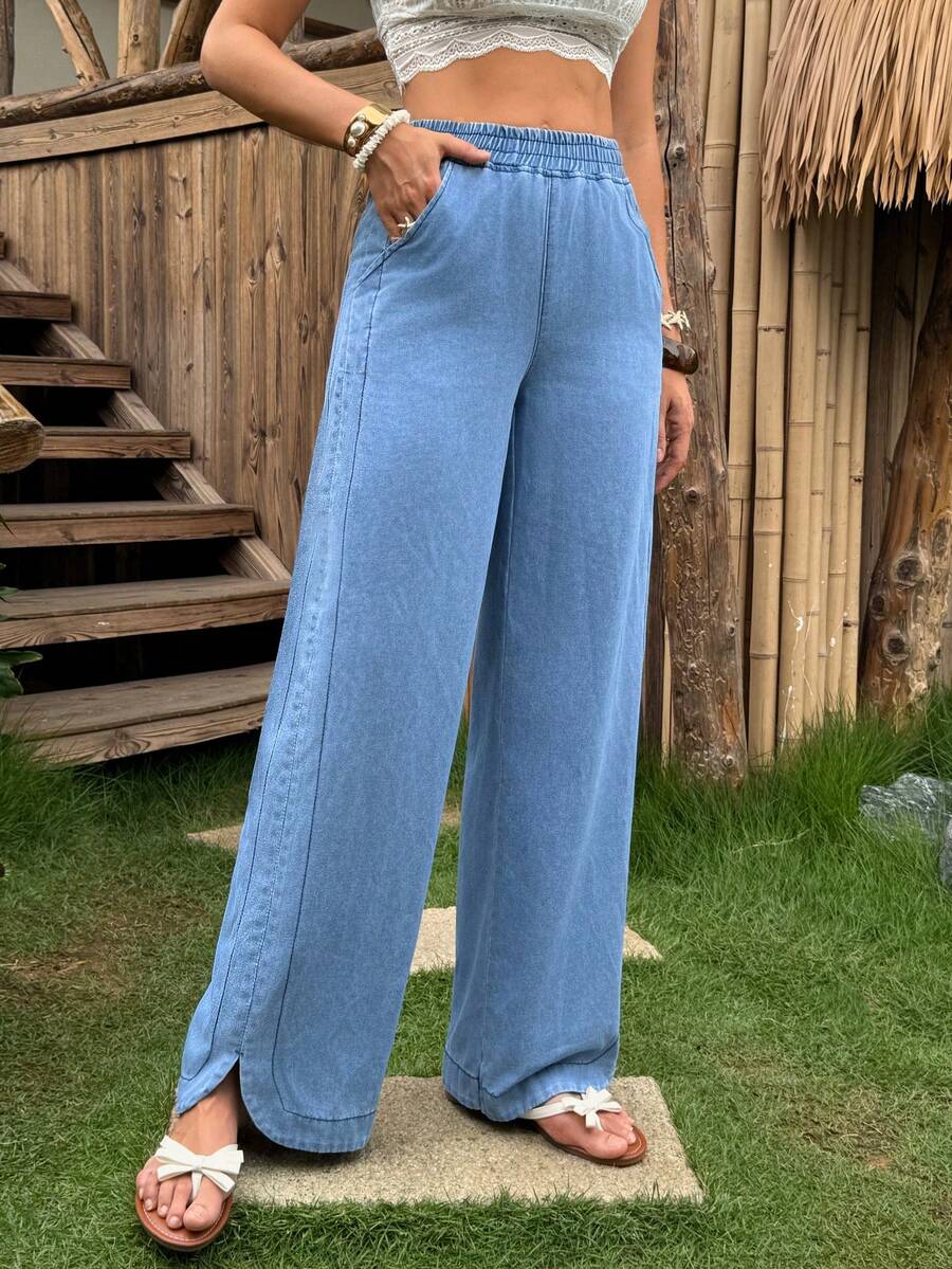 Breezaya Quần jeans nữ ống rộng, cạp chun, có túi, dáng rộng, phong cách thường ngày. - Màu xanh lam - Xem 1