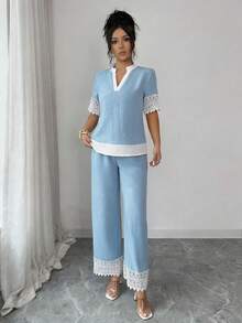 SHEIN Elenzya 优雅浪漫度假通勤蕾丝边宽松上衣+裤子两件套女装 - 藍色 - 查看 5