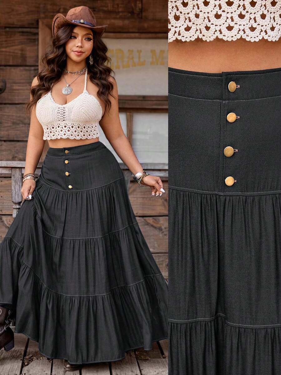 Nubod Plus Size French Style Casual Romantic Vacation Ruffle Hem Skirt - Black - View 1
