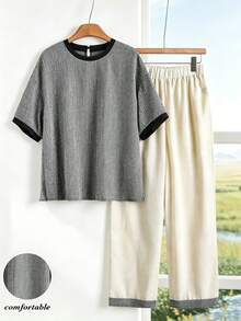 Rusticease Summer Elegant Granny Women's Autumn Black And White Plaid Short Sleeve Top And Pants Set,Comfortable Middle-Aged Casual Vacation Birthday Outfits - Black and White - View 3