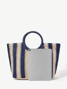 Maija Ladies, Women Top Handle Bags, Straw Bag, Fashionable, Elegant, Simple, Personalized, Versatile, For Beach, Vacation, Holiday, Summer, Seaside, Beach Party - dark blue - View 3