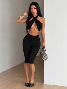 SHEIN ICON 女士纯色吊带系带性感休闲连体衣 - 黑色 - 查看 5