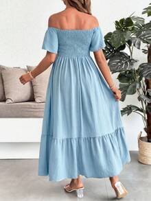 SHEIN Maternity Vacation Solid Color Off-Shoulder Shirred Design Side Slit Dress - Blue - View 2