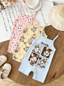 [RANDOM 4 PCS SEND 1 Pc] Pink Summer Cute Baby Girl Casual Strap Romper,Vintage Leopard Bow Cartoon Rabbit Graphic,Family Matching Korean Style Y2K - Multicolor - View 2