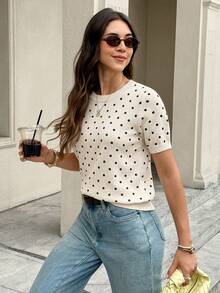 Serisse Women's Polka Dot Print Short Sleeve Knit Top - Apricot - View 6