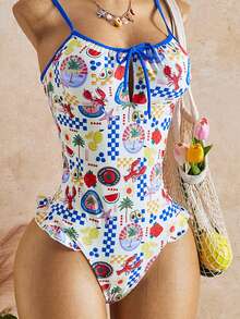 Swim Mod Fato de banho feminino sem mangas, casual, ajustado, de peça única, com laço à frente, verão - Multicolorido - Ver 6