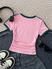 SHEIN Tween Girl Fashion Casual Homewear Street Ruched Horse Print Contrast Color Ribbed Knit Crop Top, Retro Collegiate Color Block - Multicolor - View 2