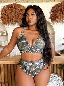 Slaydiva Conjunto de bikini con estampado de ramas de árbol para vacaciones de verano de talla grande - Multicolor - Ver 4