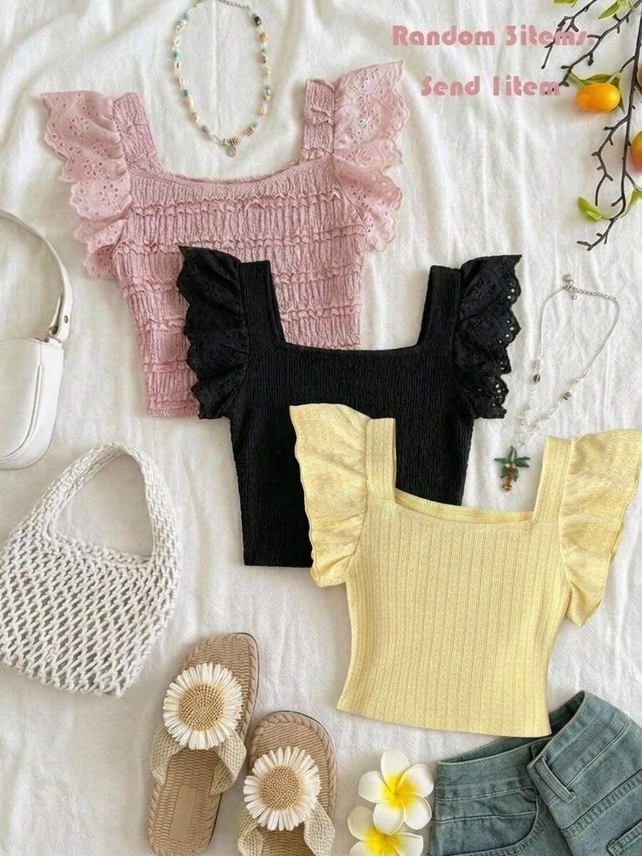 SHEIN 青少年女孩休閒日常百搭舒適方領荷葉袖背心上衣 - 藍色 - 查看 1