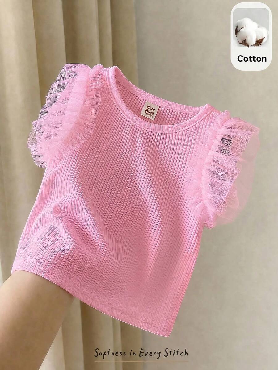 Cozy Pixies 女婴纯色针织柔软圆领短袖套头衫,百搭舒适 - 珊瑚粉 - 查看 1