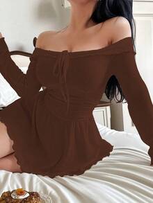 SweetSlumber Gaun Kasual Rajut Jacquard Tanpa Bahu untuk Wanita - Coklat - View 3