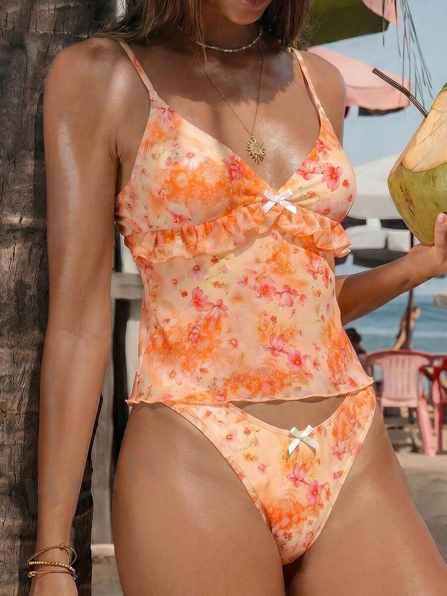 Swim Mod 2 件套随机花卉印花可调节肩带蝴蝶结装饰三角形比基尼上衣和下装 - 彩色 - 查看 1