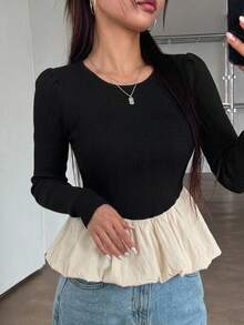DAZY Women Crew Neck Colorblock Long Sleeve T-Shirt,Ruffle,Fall Clothes - Black and White - View 1