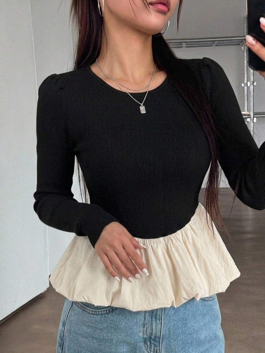 DAZY Women Crew Neck Colorblock Long Sleeve T-Shirt,Ruffle,Fall Clothes - Black and White - View 1