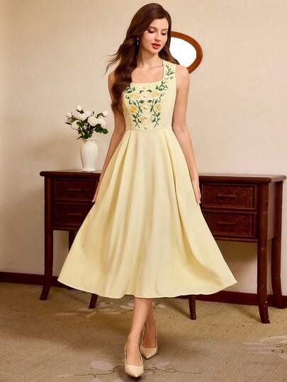 Vintamour Vintage Classic Elegant Women's Dress, Spring/Summer Fitted Floral Embroidered Dress, Square Neck Sleeveless Dress, Pale Yellow