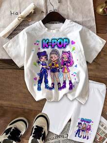 2pcs/Set Cartoon Young Girl, Cream White, K-Pop Superstars Cartoon Girl Group Print, Round Neck Short Sleeve Shorts Set, Suitable For Summer - Multicolor - View 3