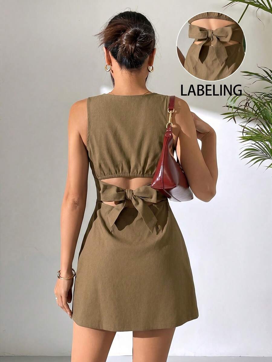 SHEIN EZwear 驼色无袖露背编织连衣裙(女款) - 駝色 - 查看 1