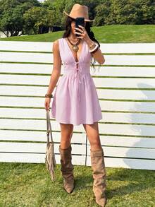 SHEIN EZwear Woven Sleeveless White And Pink Mini Dress For Women Vacation Summer Bohemian Boho Festive Romantic - Pink - View 4