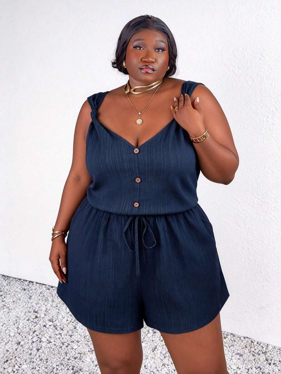 CurvyTilda Mono de mujer talla grande de unicolor con nudo, botones, escote en V y espalda descubierta, verano, para Body de reloj de arena - Azul Marino - Ver 1