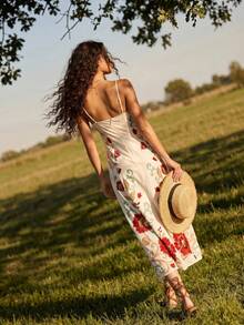 CAJUNI Red And Green Arabic Floral Print Midi-Length Spaghetti Strap Dress - Multicolor - View 2