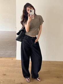 DAZY Solid Color Loose Button Decor Ankle Cuff Straight Leg Black Jeans - Dark Wash - View 5